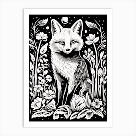 Fox In The Forest Linocut Illustration 4  Art Print