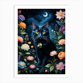 Black Cat In Flowers 7 Art Print