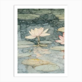 Water Lilies Print Vintage Flowers Pond Watercolour 1 Art Print