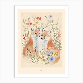 Folksy Floral Animal Drawing Fox 8 Poster Art Print