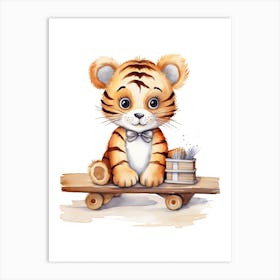 Baby Tiger On A Toy Car, Watercolour Nursery 7 Art Print