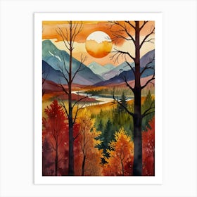 Watercolor Of Autumn Trees Art Print