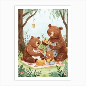 Brown Bear Family Picnicking In The Woods Storybook Illustration 2 Art Print