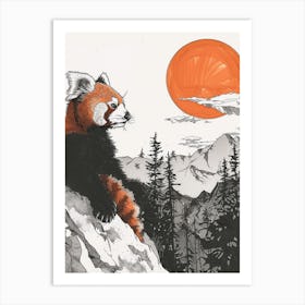 Red Panda Looking At A Sunset From A Mountaintop Ink Illustration 4 Art Print