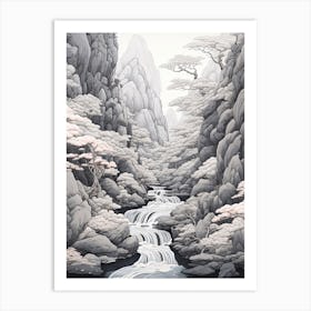 Shosenkyo Gorge In Yamanashi, Ukiyo E Black And White Line Art Drawing 1 Art Print
