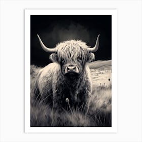Textured Black & White Illustration Of Highland Cow Art Print