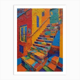 A Painting Of A Colorful Staircase And Orange And Red Buildings Art Print