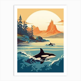 Two Orca Whales Swimming With The Sunrise Art Print