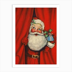 Santa Claus Behind Red Curtain With A Present For You Art Print