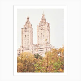 New York, USA I San Remo towers in Central Park in an autumnal nature of an urban cityscape photography with an aesthetic style like a romantic movie or TV series set decor, ideal for Christmas decoration Art Print