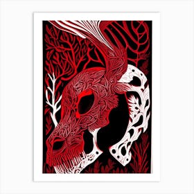 Animal Skull Red 2 Linocut Art Print