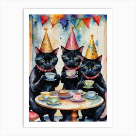 Birthday Black Cats Having a Party Art Print