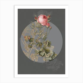 Vintage Botanical Celery Leaf Cabbage Rose on Circle Gray on Gray n.0079 Art Print