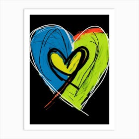 Blue Line Orange Doodle Heart Art Print