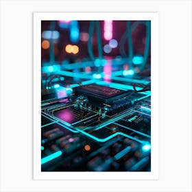 Circuit Board With Neon Lights Art Print