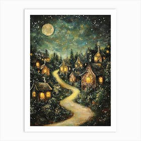 Village At Night With Stars and Moon In The Sky 3 Art Print