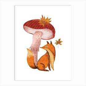 Watercolor Fox And Mushroom Art Print