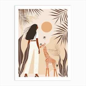 Giraffe And Woman In The Jungle Art Print