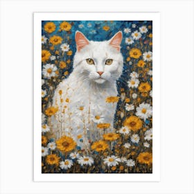 Klimt Style White Cat in Colorful Garden Flowers Meadow Gold Leaf Painting - Gustav Klimt and Monet Inspired Textured Acrylic Palette Knife Art Daisies Poppies Amongst Wildflowers at Night Beautiful HD High Resolution Art Print