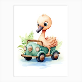 Baby Flamingo On Toy Car, Watercolour Nursery 1 Art Print