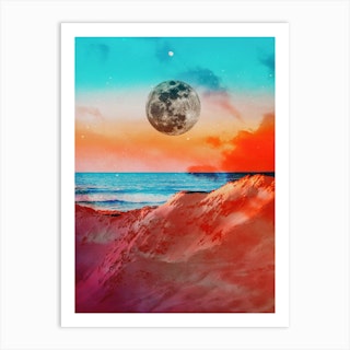 Orange Teal Moon Collage  Art Print