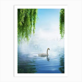 Fluffy Cygnet Gliding Through Serene Waters Ripples Circling With Gentle Strokes Reflection Of Ove Art Print