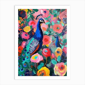 Peacock With The Roses Painting 2 Art Print