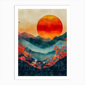 Vibrant Sunset over Mountain Landscape with Blooming Red Flowers – Nature Inspired Wall Art Art Print