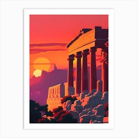 The Acropolis, Greece Retro Sunset Art Print