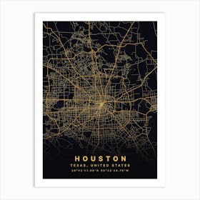 Houston Texas USA Black And Gold Map Art Print