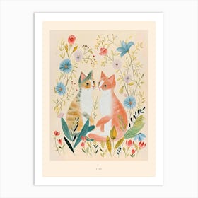 Folksy Floral Animal Drawing Cat 6 Poster Art Print