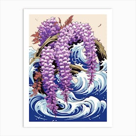 Great Wave With Wisteria Flower Drawing In The Style Of Ukiyo E 2 Art Print
