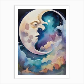 Moon Face And The Clouds Watercolor Art Print