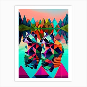 Two Raccoons Swimming In Lake Modern Geometric 3 Art Print