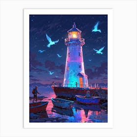 Lighthouse At Night Art Print