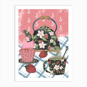Strawberry pattern teacup and teapot cottage core tea time artwork Art Print