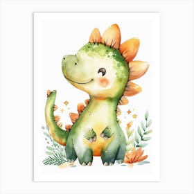 Cute Cartoon Stegosaurus Dinosaur Watercolour 2 Art Print