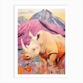 Patchwork Floral Rhino With Mountain In The Background 4 Art Print