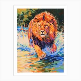 Asiatic Lion Crossing A River Fauvist Painting 1 Art Print