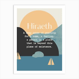 Welsh Hiraeth Quote Sea, Sun and Boats, Blue and Neuteal Art Print