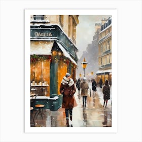 Paris cafes, winter season, Christmas, autumn oil colors, pale colors, pedestrians in the street, winter clothes, falling snow.Christmas decorations.14 1 Art Print