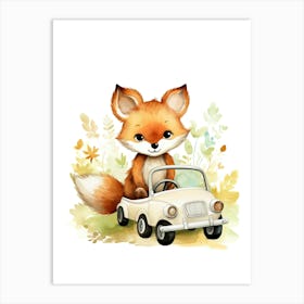 Baby Fox On Toy Car, Watercolour Nursery 1 Art Print