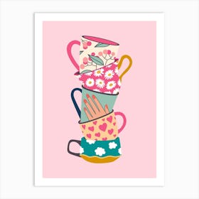 Pink Floral Stacked Teacups Kitchen Poster