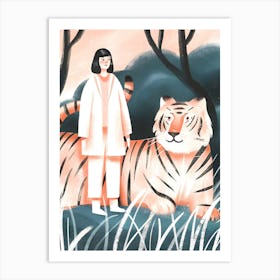 Woman and Big Tiger in The Jungle Art Print