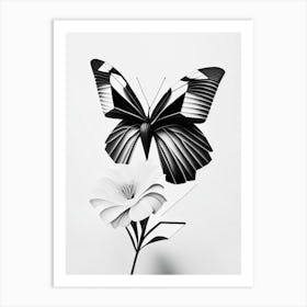 Butterfly On Flower Black & White Geometric 1 Art Print