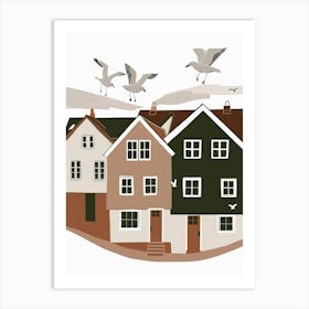 Seagulls Flying Over Houses Art Print