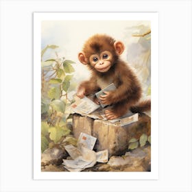 Monkey Painting Collecting Stamps Watercolour 1 Art Print