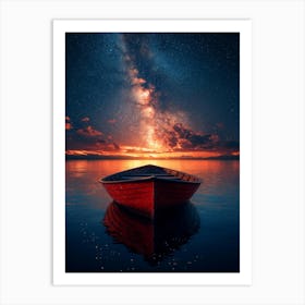 Red Boat At Night Art Print