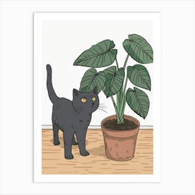 Cat Next To Potted Plant Art Print