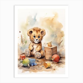 Playing With Wooden Toys Watercolour Lion Art Painting 3 Art Print